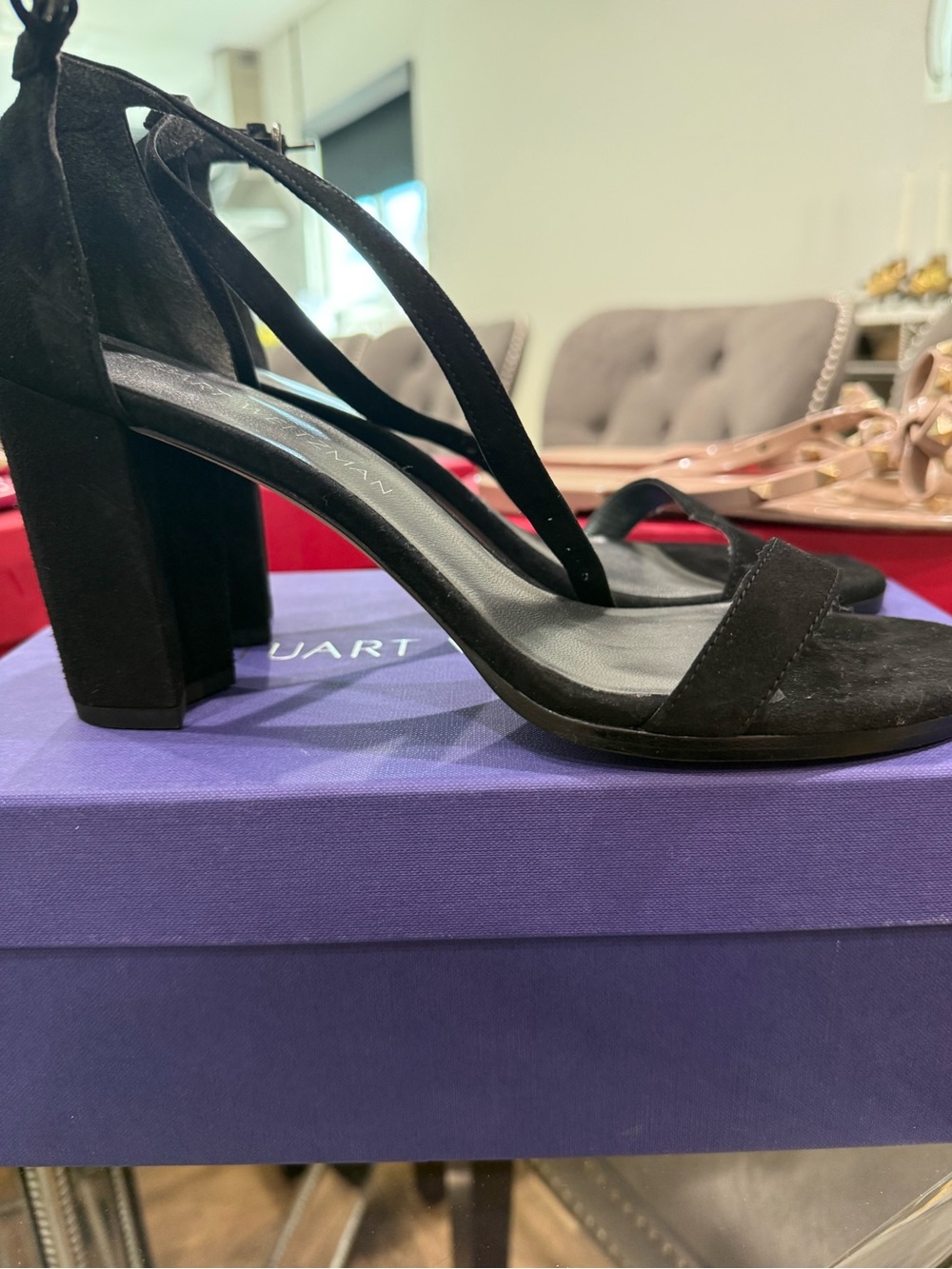 Stuart Weitzman Black Suede Ankle-Strap Block Heels